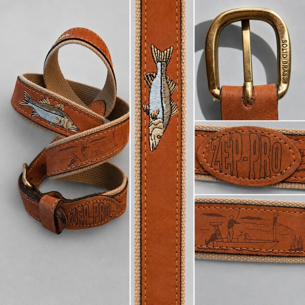 ZEP-PRO Mens Fishing Belt Tan Leather Canvas Snook Embroidered Solid Brass 42 44